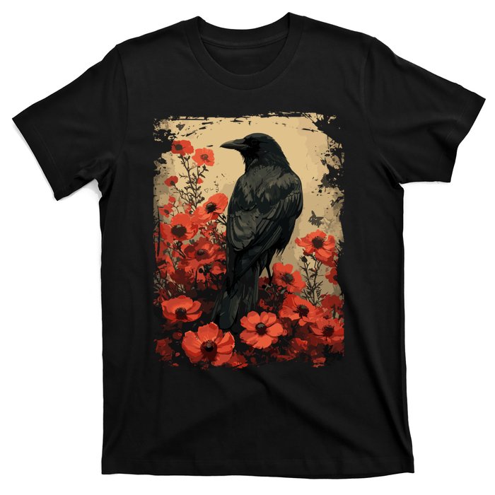 Gothic Raven Rose Enchanted Vintage Floral Crow T-Shirt