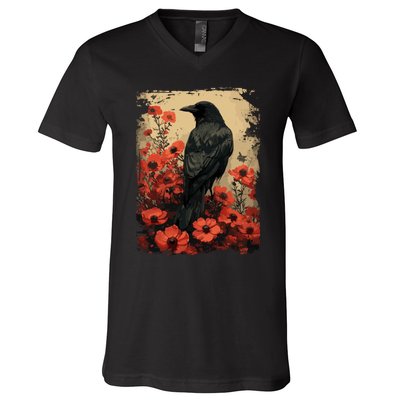 Gothic Raven Rose Enchanted Vintage Floral Crow V-Neck T-Shirt