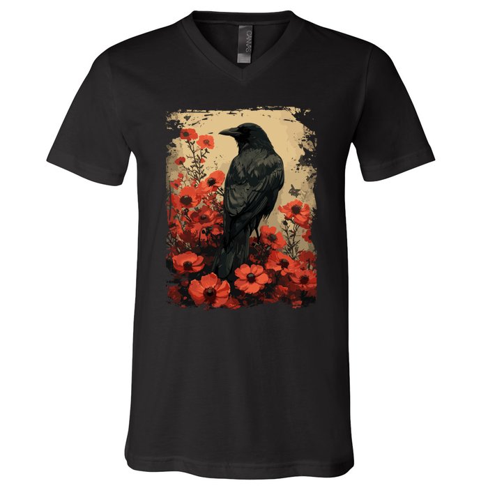 Gothic Raven Rose Enchanted Vintage Floral Crow V-Neck T-Shirt