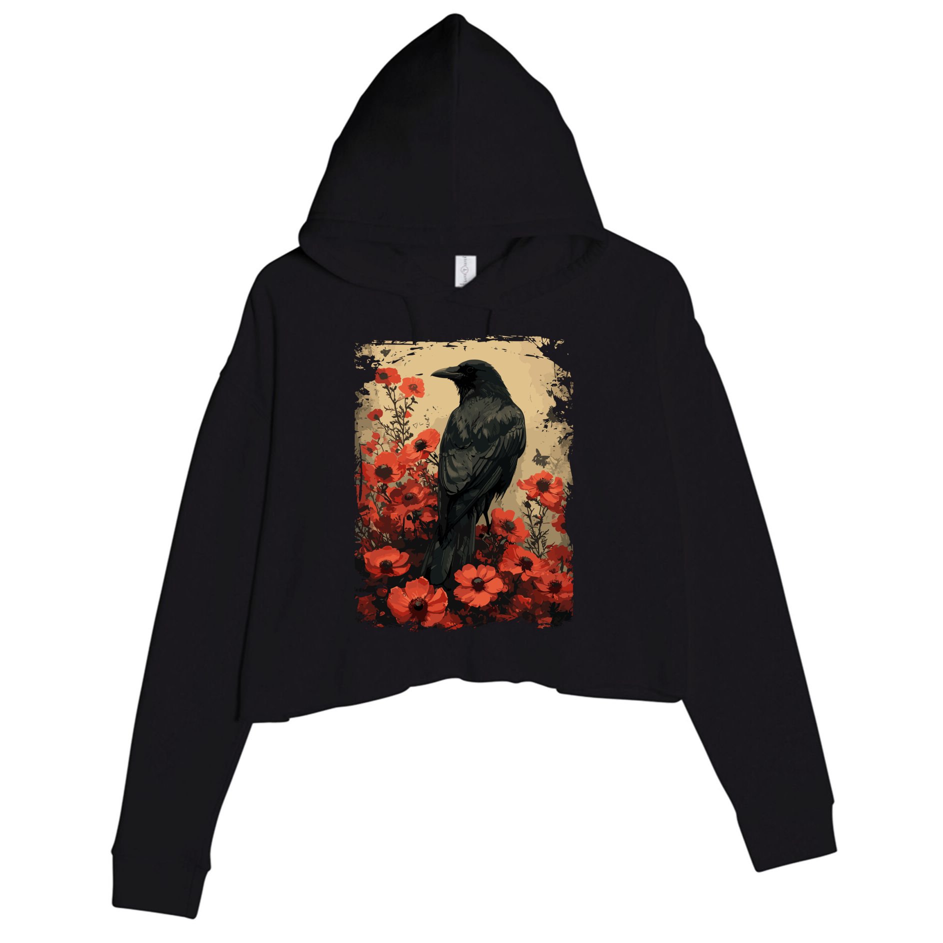 Gothic Raven Rose Enchanted Vintage Floral Crow Crop Fleece Hoodie