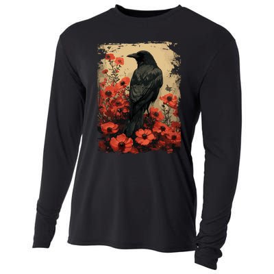 Gothic Raven Rose Enchanted Vintage Floral Crow Cooling Performance Long Sleeve Crew