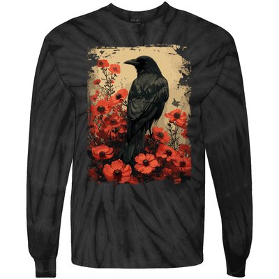 Gothic Raven Rose Enchanted Vintage Floral Crow Tie-Dye Long Sleeve Shirt