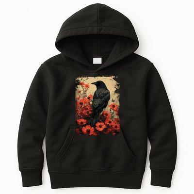 Gothic Raven Rose Enchanted Vintage Floral Crow Kids Hoodie