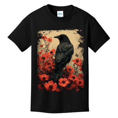 Gothic Raven Rose Enchanted Vintage Floral Crow Kids T-Shirt