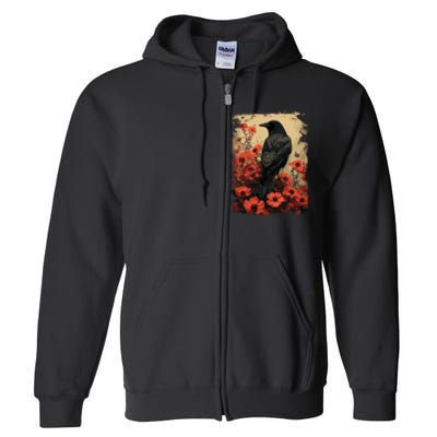 Gothic Raven Rose Enchanted Vintage Floral Crow Full Zip Hoodie