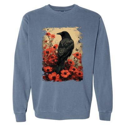 Gothic Raven Rose Enchanted Vintage Floral Crow Garment-Dyed Sweatshirt