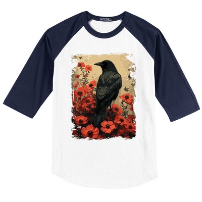 Gothic Raven Rose Enchanted Vintage Floral Crow Baseball Sleeve Shirt