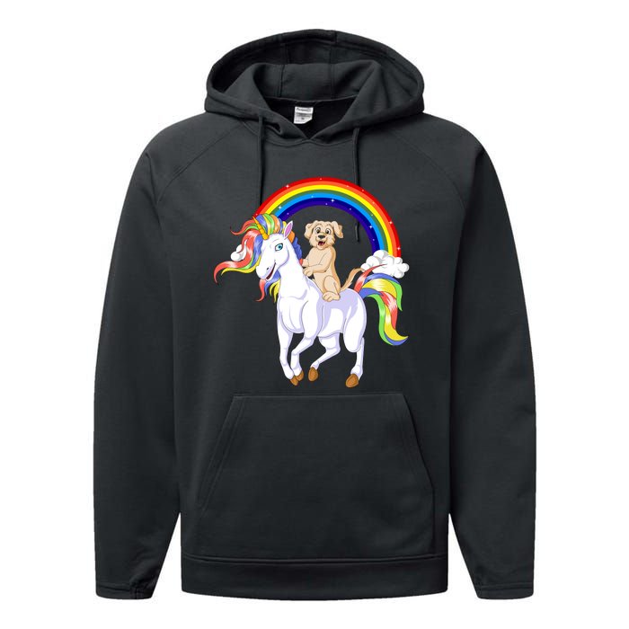 Golden Retriver Riding Unicorn Performance Fleece Hoodie