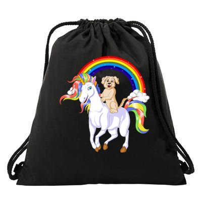 Golden Retriver Riding Unicorn Drawstring Bag