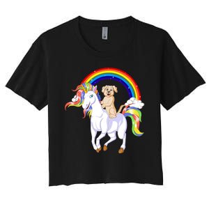 Golden Retriver Riding Unicorn Women's Crop Top Tee