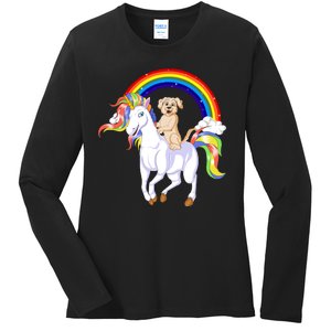 Golden Retriver Riding Unicorn Ladies Long Sleeve Shirt