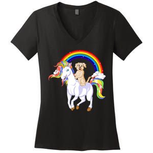 Golden Retriver Riding Unicorn Women's V-Neck T-Shirt