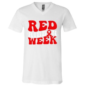 Groovy Red Ribbon Week We Wear Red For Awareness V-Neck T-Shirt