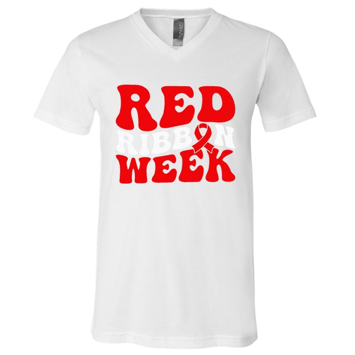 Groovy Red Ribbon Week We Wear Red For Awareness V-Neck T-Shirt