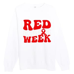 Groovy Red Ribbon Week We Wear Red For Awareness Premium Crewneck Sweatshirt