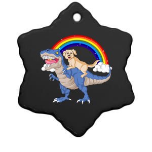 Golden Retriver Riding Dinosaur Ceramic Star Ornament