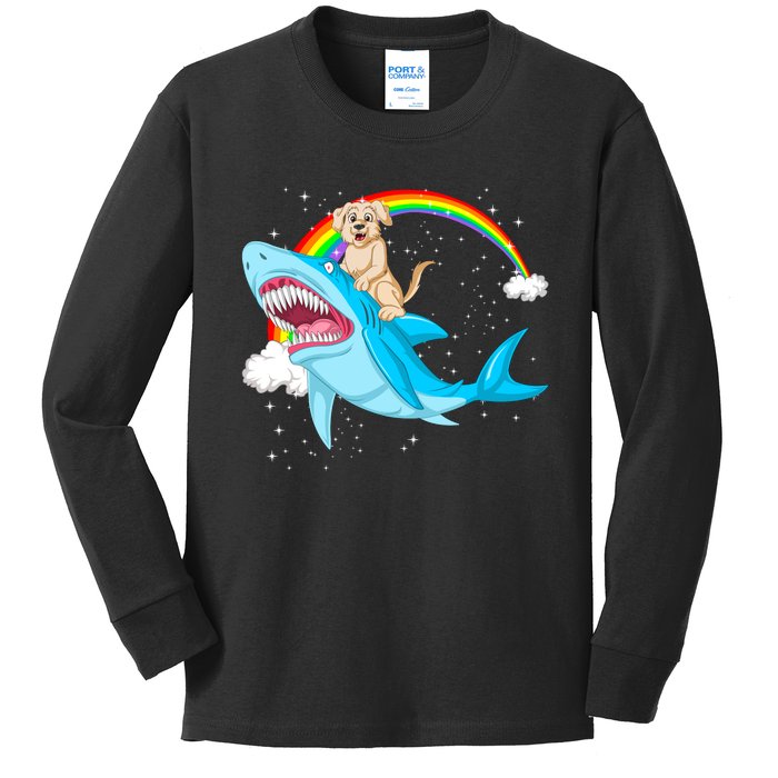 Golden Retriver Riding Shark Kids Long Sleeve Shirt