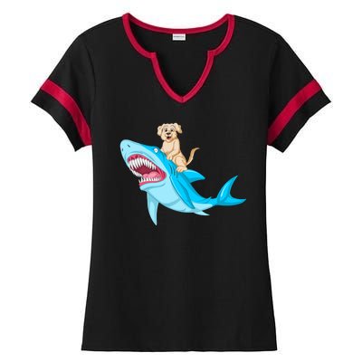 Golden Retriver Riding Shark Ladies Halftime Notch Neck Tee