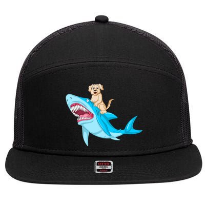 Golden Retriver Riding Shark 7 Panel Mesh Trucker Snapback Hat