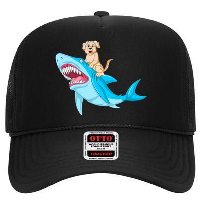 Golden Retriver Riding Shark High Crown Mesh Back Trucker Hat