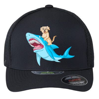 Golden Retriver Riding Shark Flexfit Unipanel Trucker Cap