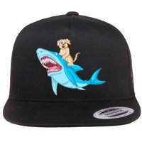 Golden Retriver Riding Shark Flat Bill Trucker Hat