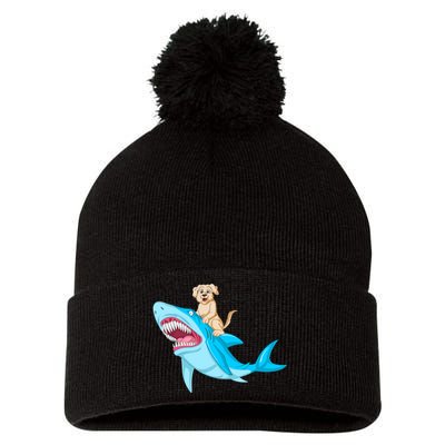 Golden Retriver Riding Shark Pom Pom 12in Knit Beanie