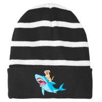 Golden Retriver Riding Shark Striped Beanie with Solid Band