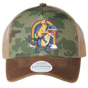 Golden Retriever Riding Dinosaur T rex Gifts Rainbow Legacy Tie Dye Trucker Hat