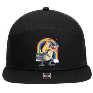 Golden Retriever Riding Dinosaur T rex Gifts Rainbow 7 Panel Mesh Trucker Snapback Hat