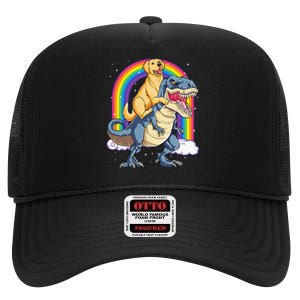 Golden Retriever Riding Dinosaur T rex Gifts Rainbow High Crown Mesh Back Trucker Hat