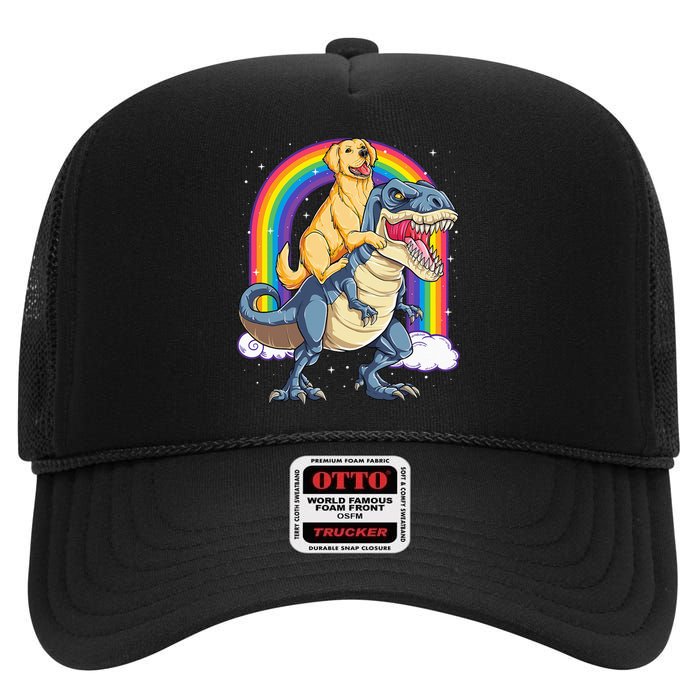 Golden Retriever Riding Dinosaur T rex Gifts Rainbow High Crown Mesh Back Trucker Hat