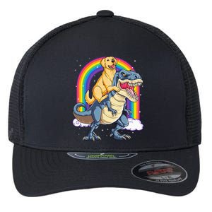 Golden Retriever Riding Dinosaur T rex Gifts Rainbow Flexfit Unipanel Trucker Cap