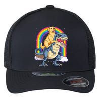 Golden Retriever Riding Dinosaur T rex Gifts Rainbow Flexfit Unipanel Trucker Cap