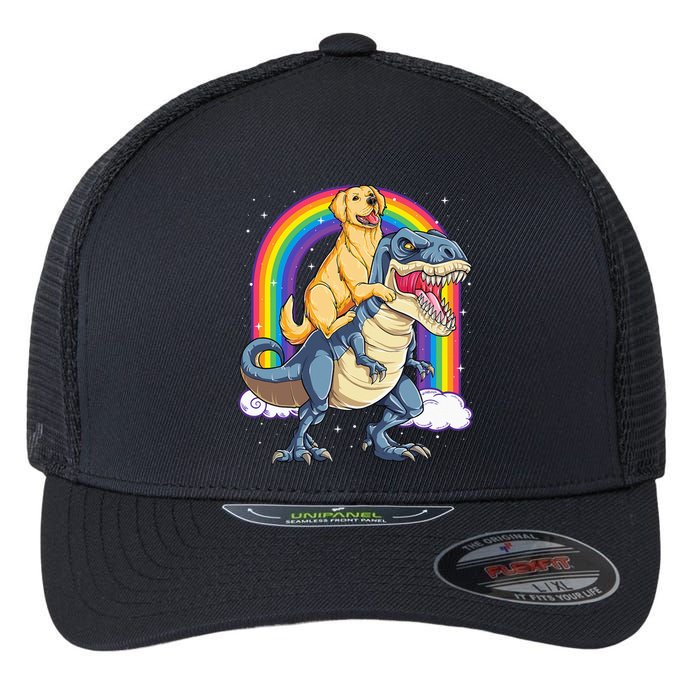 Golden Retriever Riding Dinosaur T rex Gifts Rainbow Flexfit Unipanel Trucker Cap