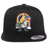 Golden Retriever Riding Dinosaur T rex Gifts Rainbow Flat Bill Trucker Hat