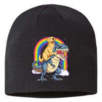 Golden Retriever Riding Dinosaur T rex Gifts Rainbow Sustainable Beanie