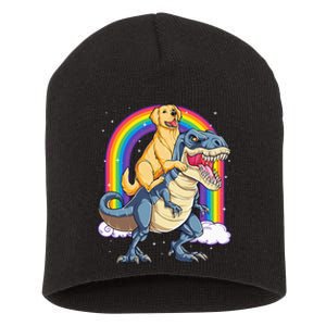 Golden Retriever Riding Dinosaur T rex Gifts Rainbow Short Acrylic Beanie