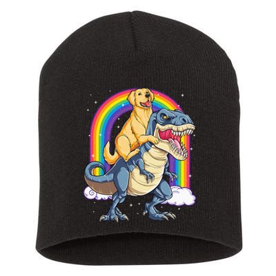 Golden Retriever Riding Dinosaur T rex Gifts Rainbow Short Acrylic Beanie