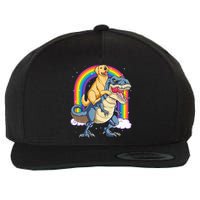 Golden Retriever Riding Dinosaur T rex Gifts Rainbow Wool Snapback Cap