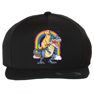 Golden Retriever Riding Dinosaur T rex Gifts Rainbow Wool Snapback Cap