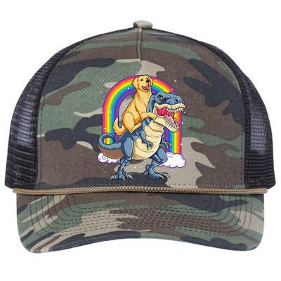 Golden Retriever Riding Dinosaur T rex Gifts Rainbow Retro Rope Trucker Hat Cap