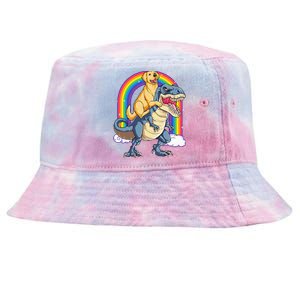 Golden Retriever Riding Dinosaur T rex Gifts Rainbow Tie-Dyed Bucket Hat