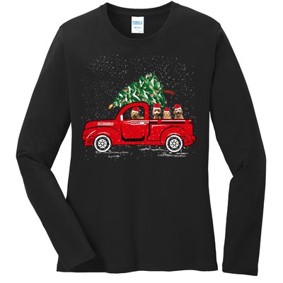 Goldendoodle Riding Red Truck Santa Christmas Pajamas Gift Ladies Long Sleeve Shirt