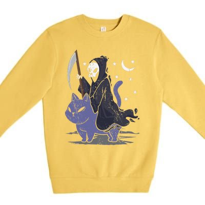 Grim Reaper Riding A Cat Funny Halloween Horror Cat Lover Premium Crewneck Sweatshirt