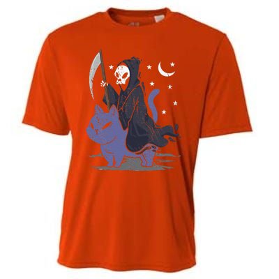 Grim Reaper Riding A Cat Funny Halloween Horror Cat Lover Cooling Performance Crew T-Shirt