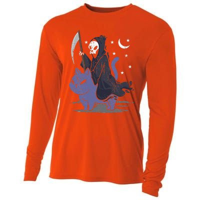 Grim Reaper Riding A Cat Funny Halloween Horror Cat Lover Cooling Performance Long Sleeve Crew