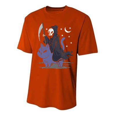 Grim Reaper Riding A Cat Funny Halloween Horror Cat Lover Performance Sprint T-Shirt