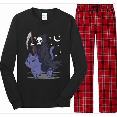 Grim Reaper Riding A Cat Funny Halloween Horror Cat Lover Long Sleeve Pajama Set