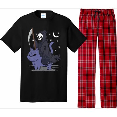 Grim Reaper Riding A Cat Funny Halloween Horror Cat Lover Pajama Set